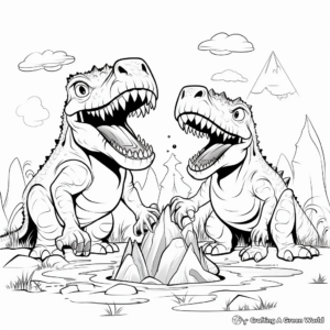 Giganotosaurus and T Rex with Background Volcanic Eruption Coloring Pages 4
