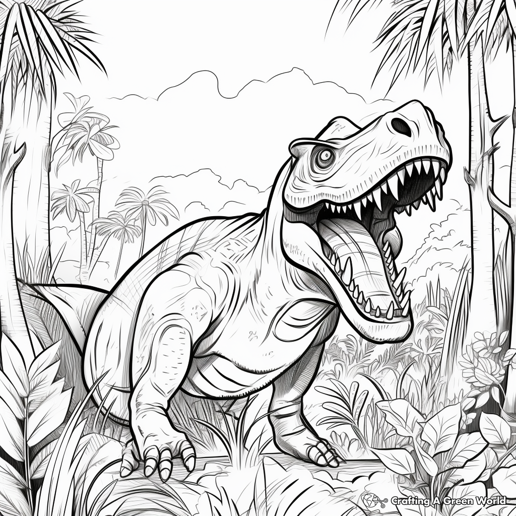 Giganotosaurus in the Wild: Jungle-Scene Coloring Pages 1