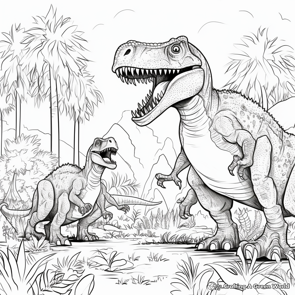Giganotosaurus vs T Rex: Prehistoric Scene Coloring Pages 1
