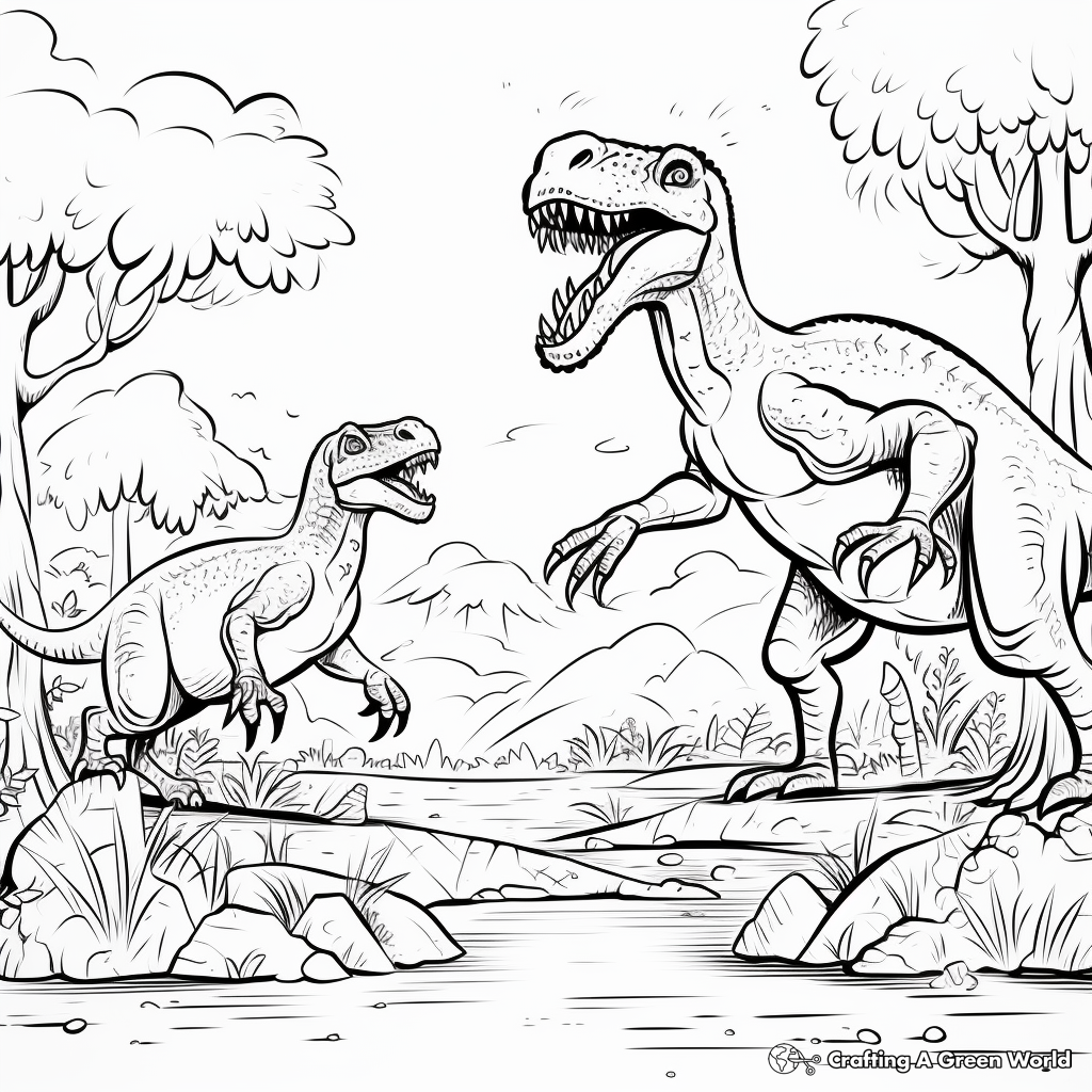 Giganotosaurus vs T Rex: Prehistoric Scene Coloring Pages 3