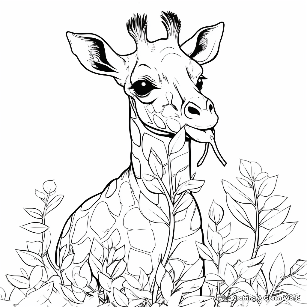 Giraffe Eating Leaves: Natural Environment Coloring Pages 1