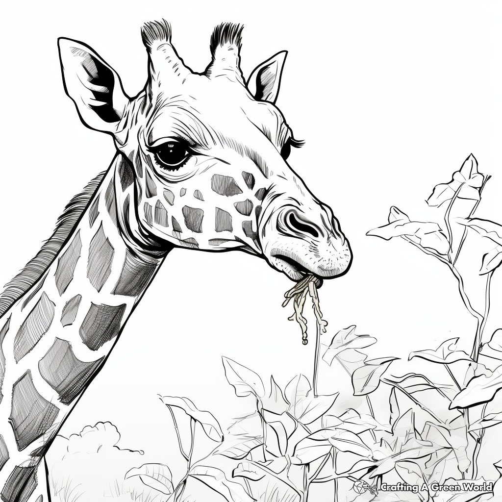 Giraffe Eating Leaves: Natural Environment Coloring Pages 2