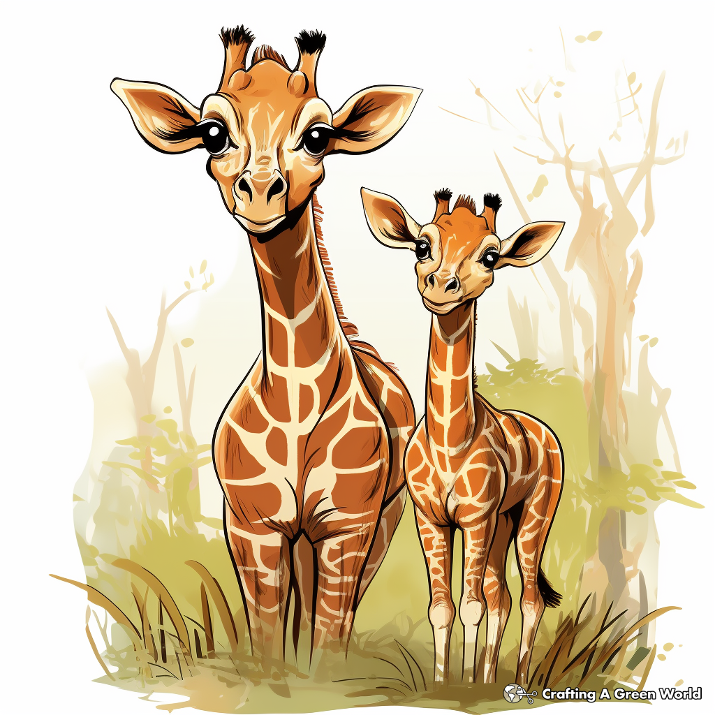 Giraffe with Calves: Family Time Coloring Pages 2