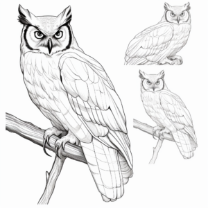 Great Horned Owl in Different Angles Coloring Pages 1