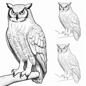Great Horned Owl in Different Angles Coloring Pages 2