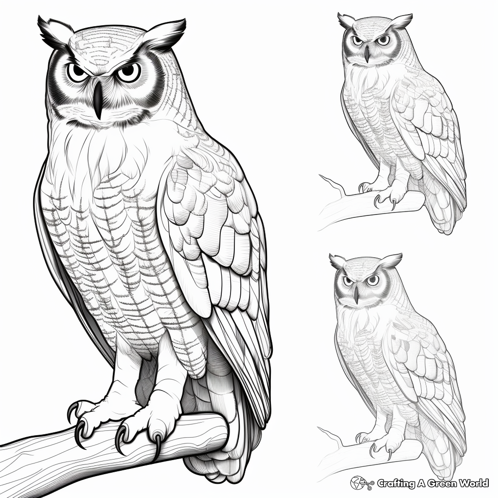 Great Horned Owl in Different Angles Coloring Pages 2