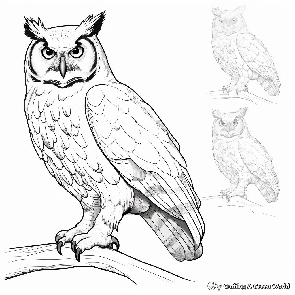 Great Horned Owl in Different Angles Coloring Pages 3