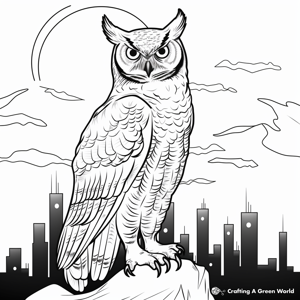 Great Horned Owl in Moonlight: Night-Scene Coloring Pages 3