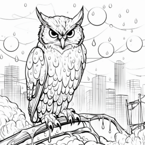 Great Horned Owl in The Rain: Weather-Scene Coloring Pages 1