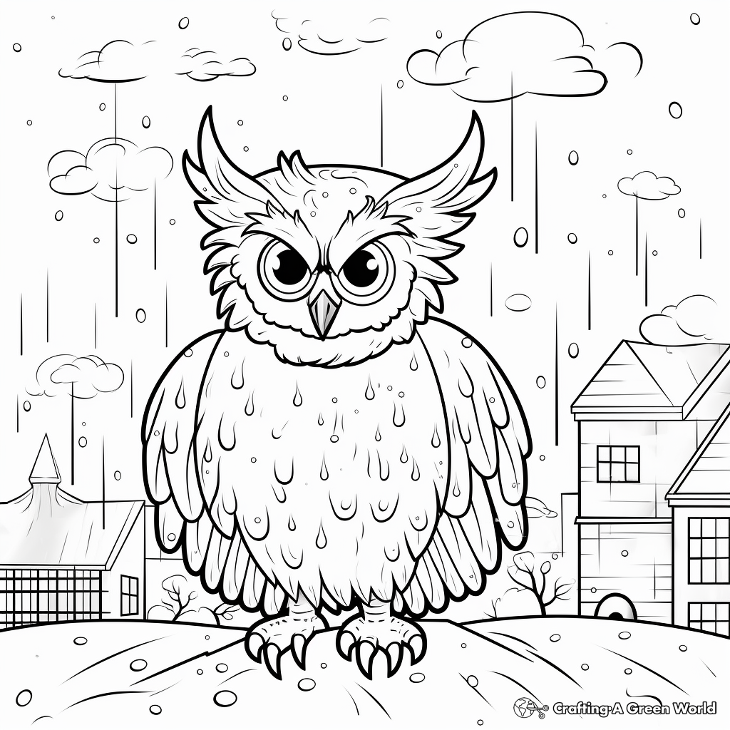 Great Horned Owl in The Rain: Weather-Scene Coloring Pages 2
