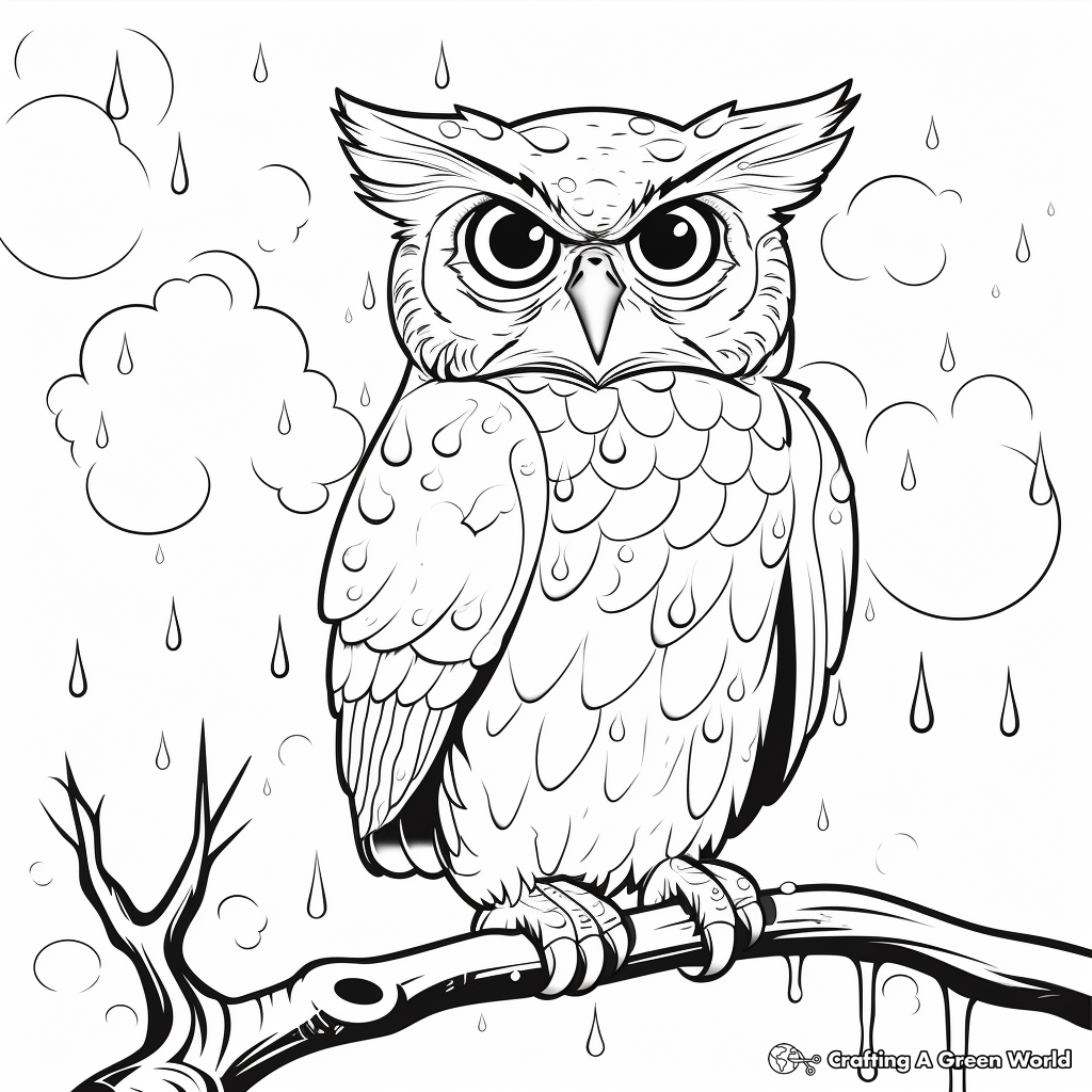 Great Horned Owl in The Rain: Weather-Scene Coloring Pages 3