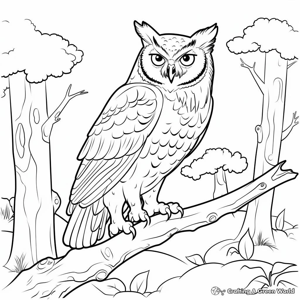Great Horned Owl in the Wild: Forest-Scene Coloring Pages 1