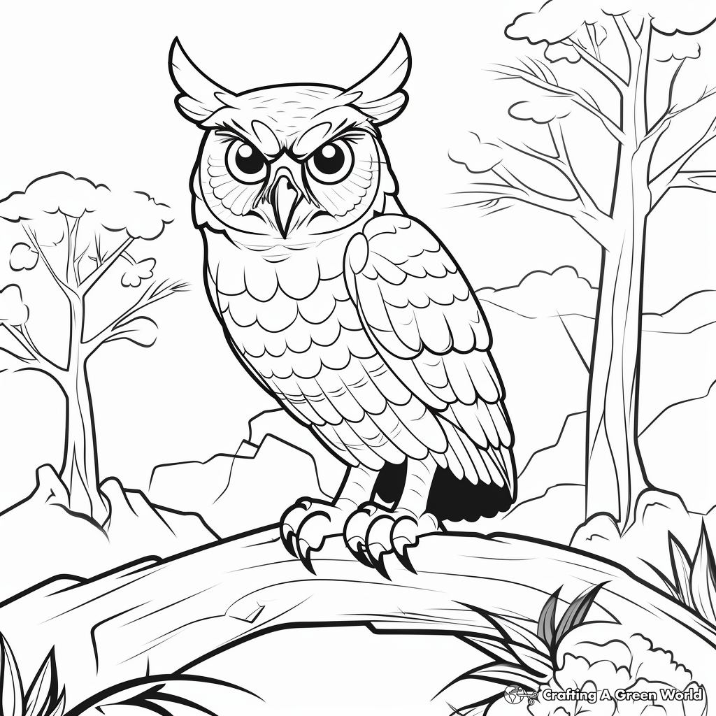Great Horned Owl in the Wild: Forest-Scene Coloring Pages 2