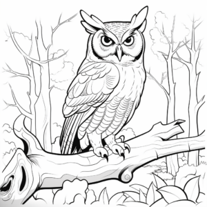 Great Horned Owl in the Wild: Forest-Scene Coloring Pages 3