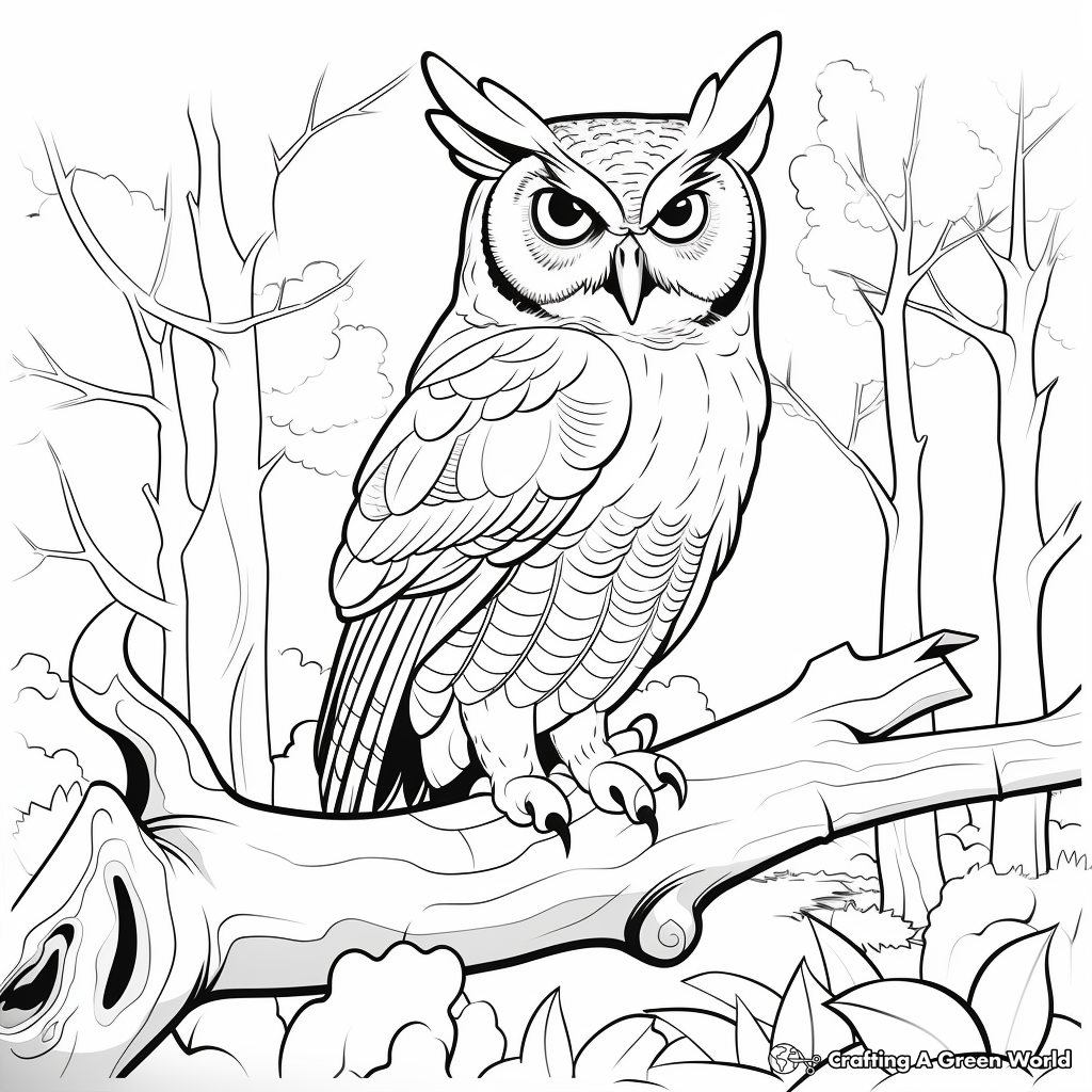 Great Horned Owl in the Wild: Forest-Scene Coloring Pages 4