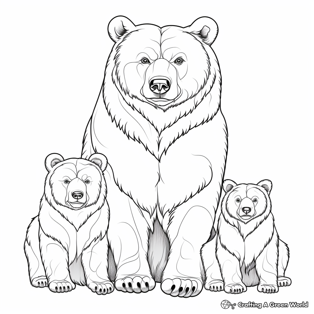 Grizzly Bear Family Portraits Coloring Pages: Male, Female, and Cubs 2