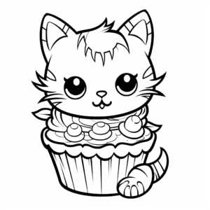 Halloween Themed Cat Cupcake Coloring Pages 1