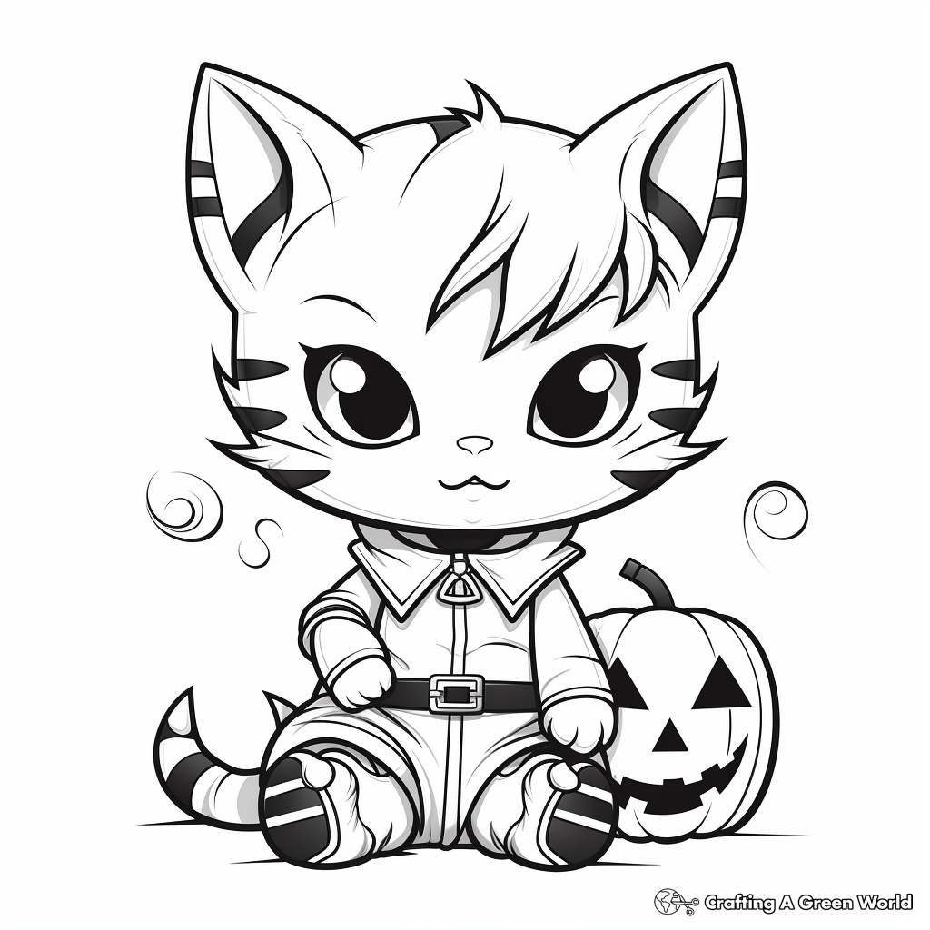 Halloween Themed Cat Kid Coloring Pages 2