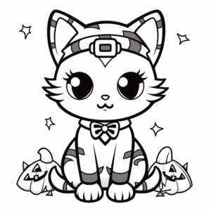 Halloween-Themed Kawaii Cat Coloring Pages 2