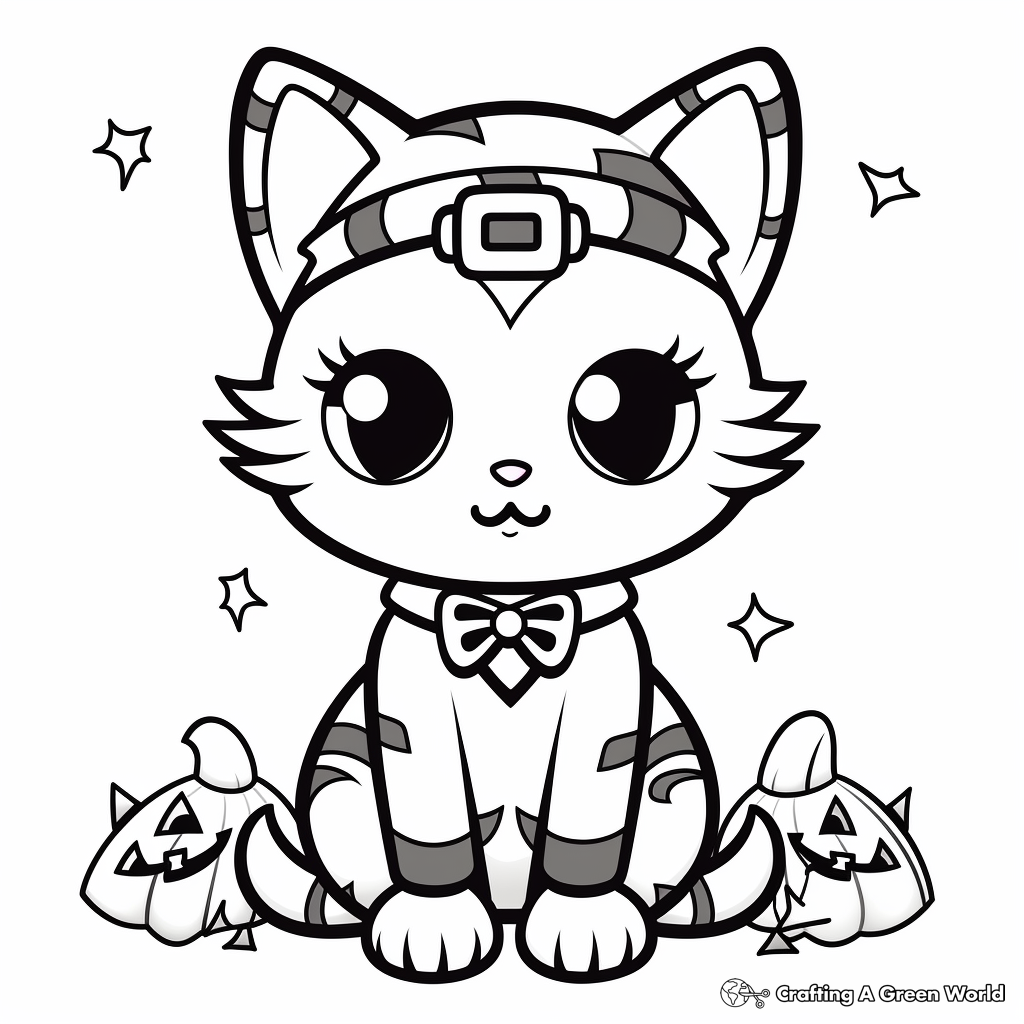 Halloween-Themed Kawaii Cat Coloring Pages 2