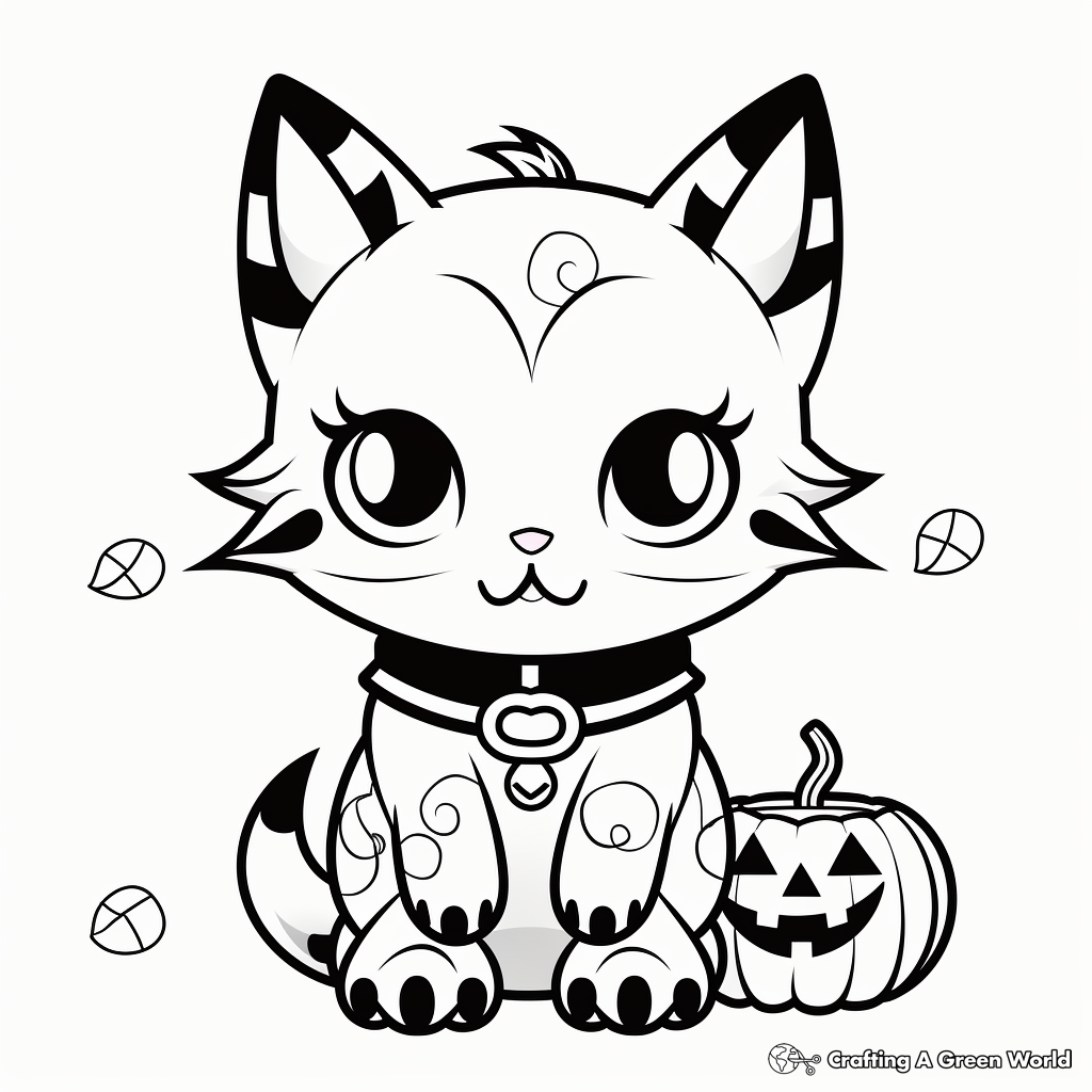 Halloween-Themed Kawaii Cat Coloring Pages 4