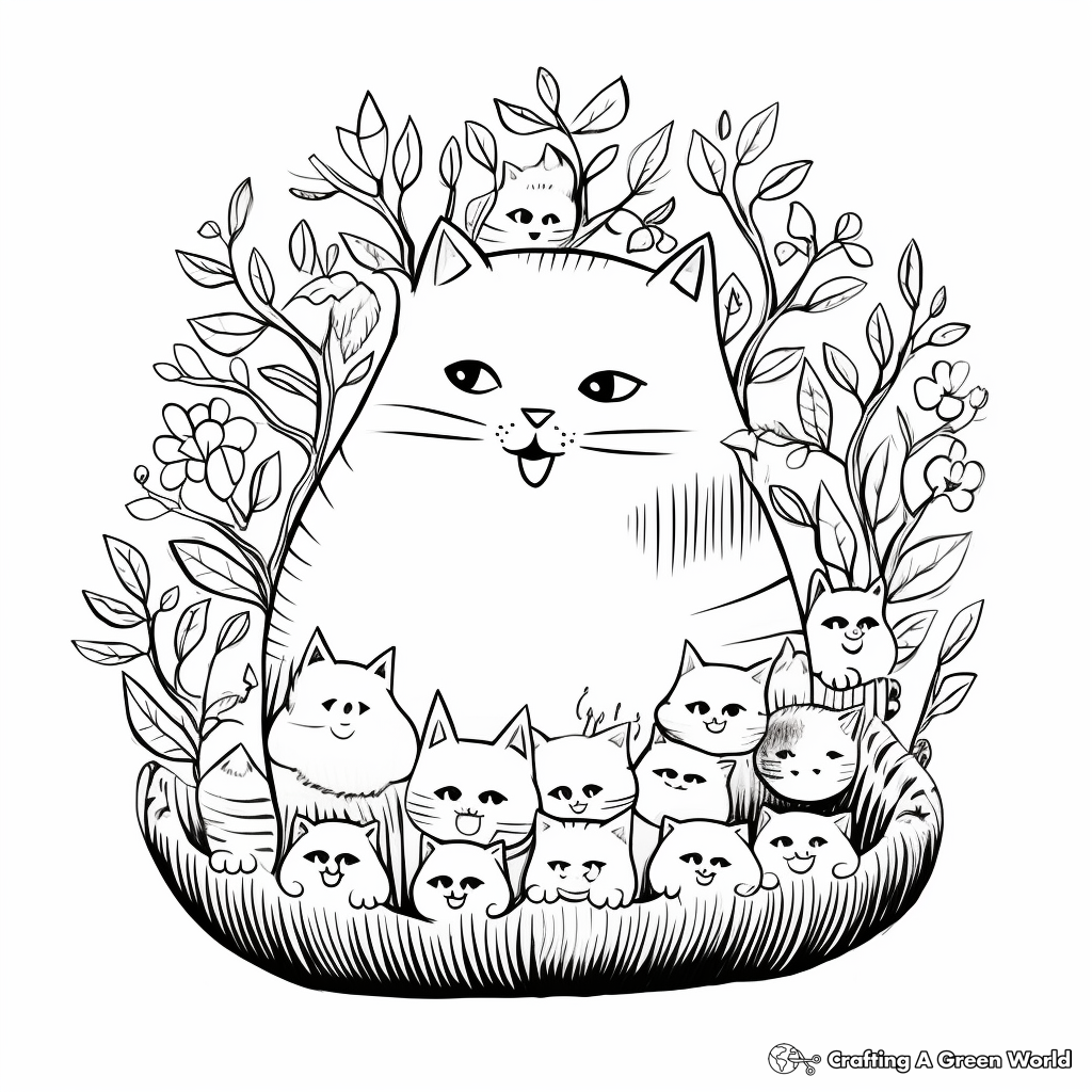 Happy Fat Cat with Birds Coloring Pages 1