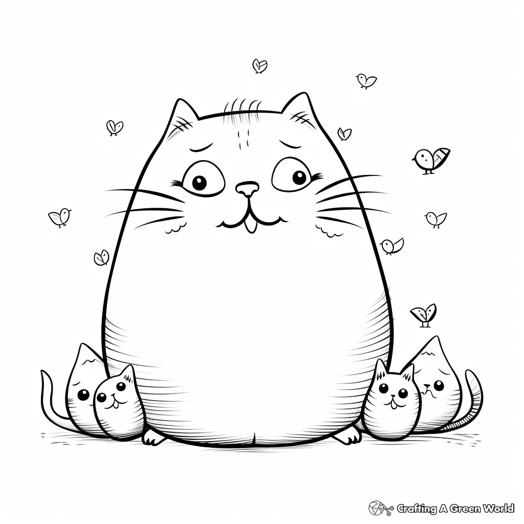 Happy Fat Cat with Birds Coloring Pages 2