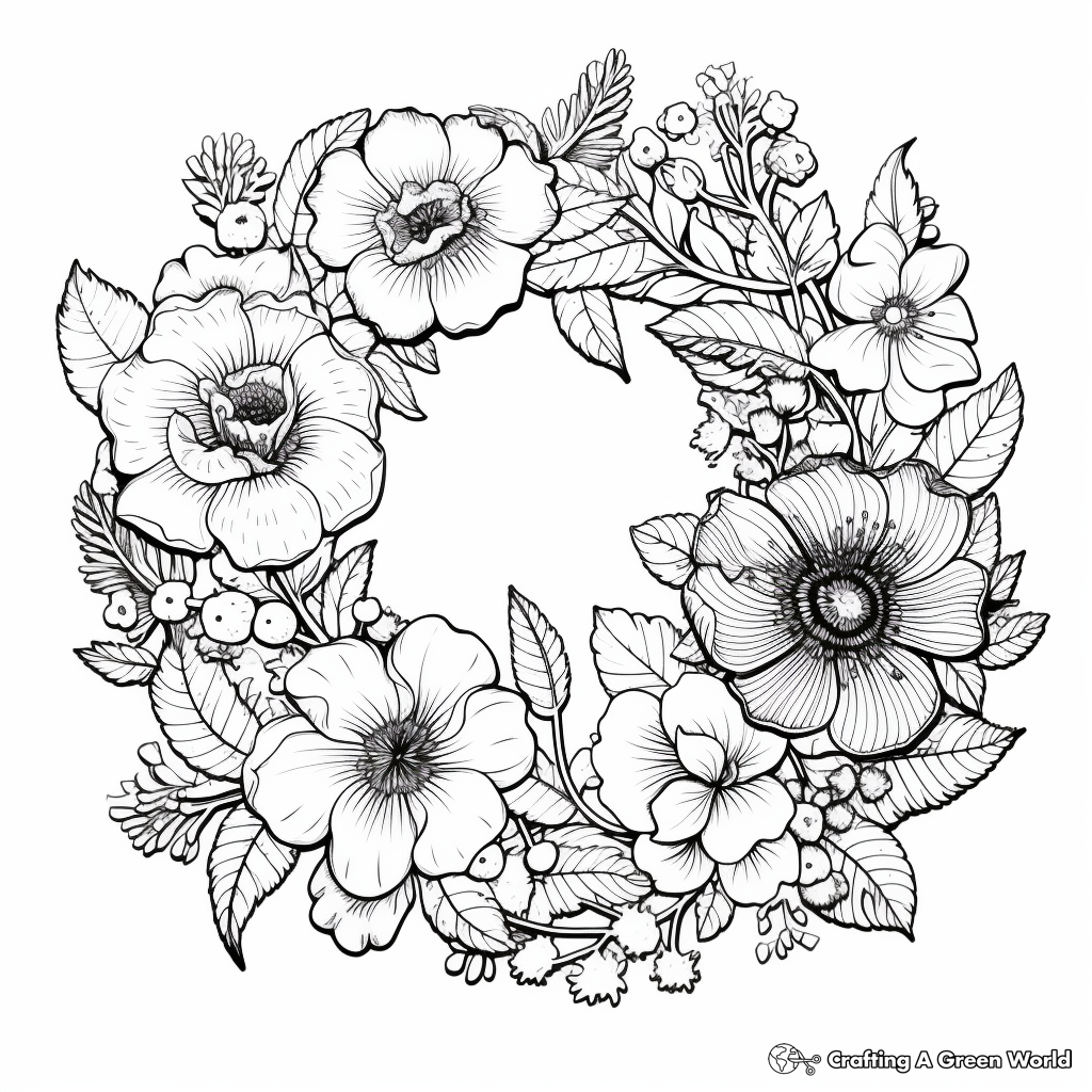 Hard-Level Detailed Flower Wreath Coloring Pages for Professionals 2