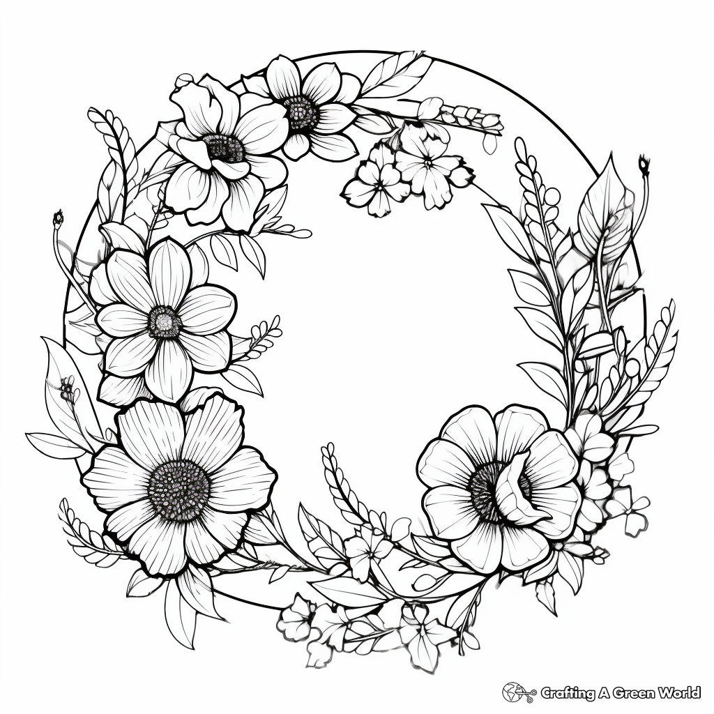 Hard-Level Detailed Flower Wreath Coloring Pages for Professionals 4