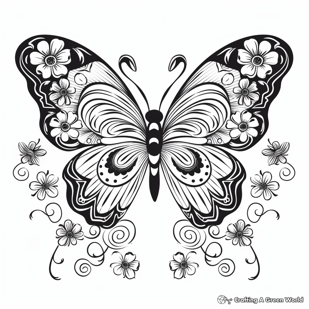 Heart Butterfly with Flower Background Coloring Pages 2