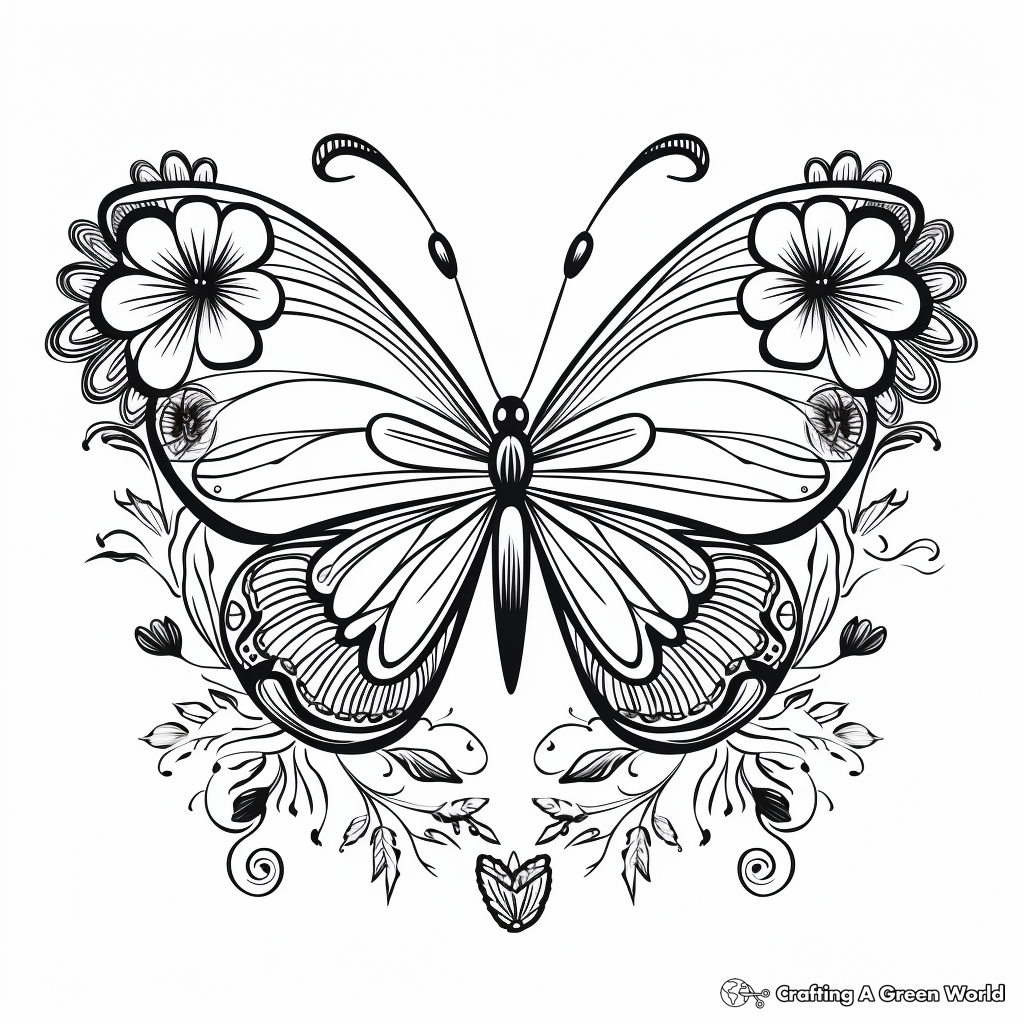 Heart Butterfly with Flower Background Coloring Pages 4