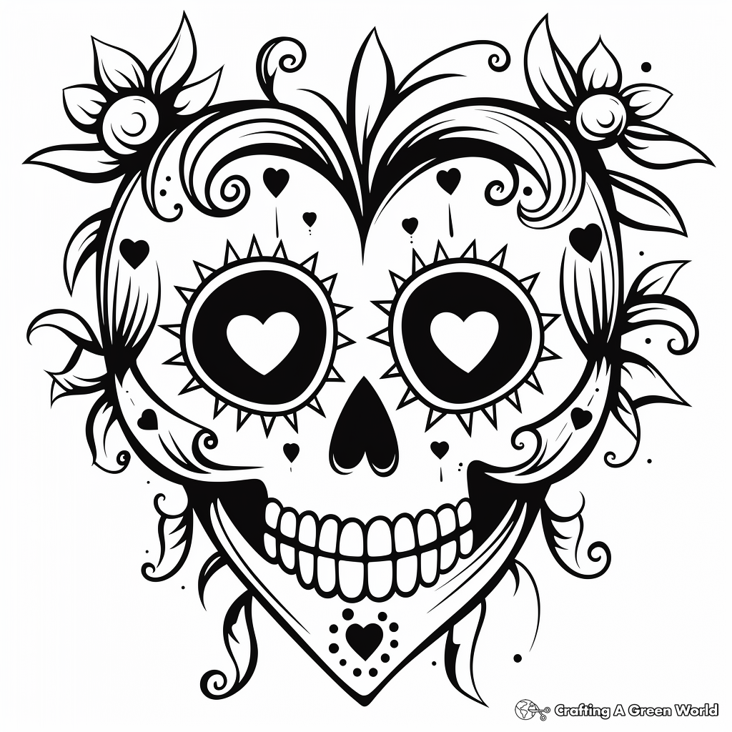 Heart Love-Themed Sugar Skull Coloring Pages 2