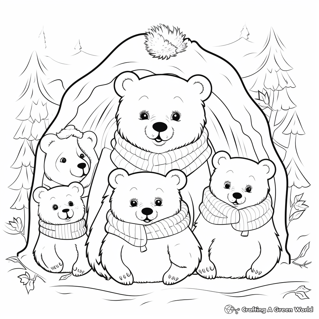Hibernating Bear Family in Winter: Seasonal Coloring Pages 2