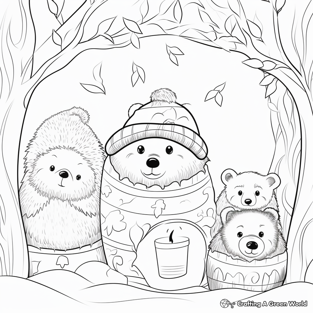 Hibernating Bear Family in Winter: Seasonal Coloring Pages 3