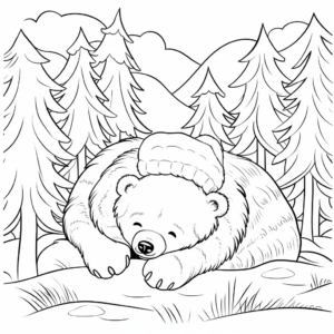 Hibernating Bear in the Snowy Forest Coloring Pages 1