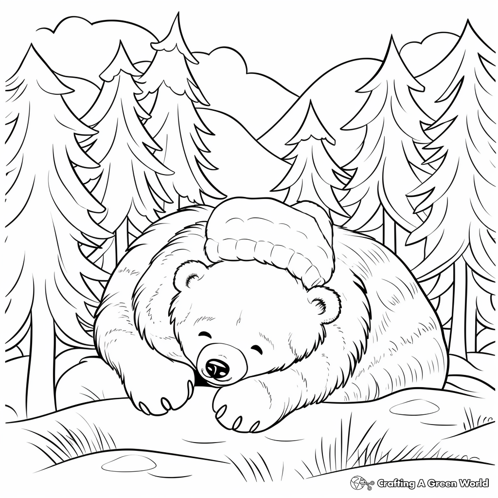 Hibernating Bear in the Snowy Forest Coloring Pages 1