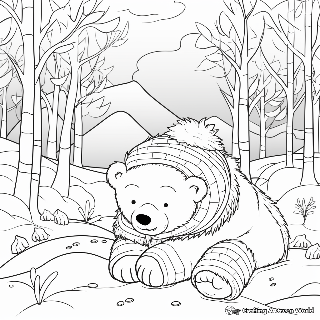 Hibernating Bear in the Snowy Forest Coloring Pages 4