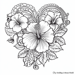 Hibiscus and Heart Coloring Pages for Adults 1
