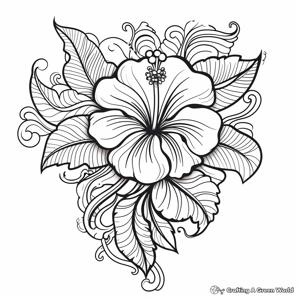 Hibiscus and Heart Coloring Pages for Adults 4