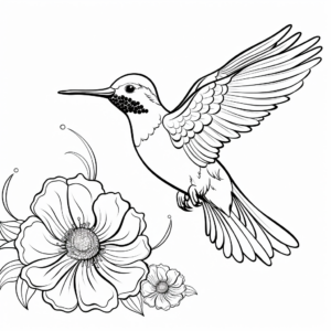 Hummingbird in Natural Habitat: Flower-Scene Coloring Pages 2