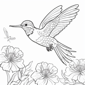 Hummingbird in Natural Habitat: Flower-Scene Coloring Pages 3