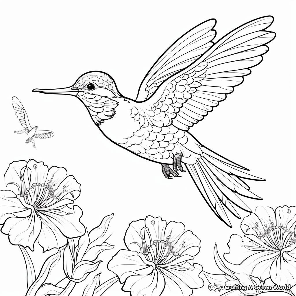 Hummingbird in Natural Habitat: Flower-Scene Coloring Pages 4