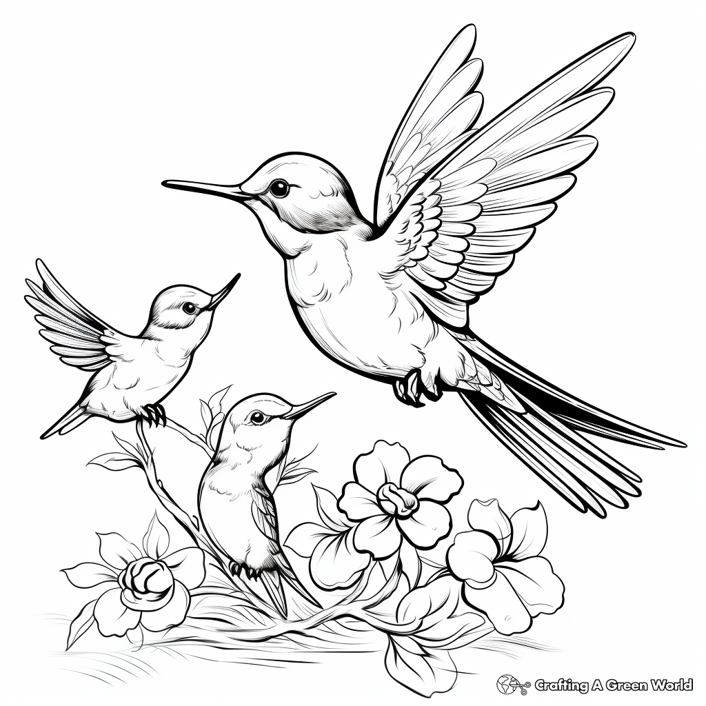 Hummingbird Nesting Coloring Pages: Female and Chicks 1