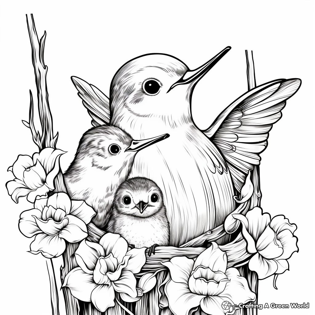 Hummingbird Nesting Coloring Pages: Female and Chicks 3