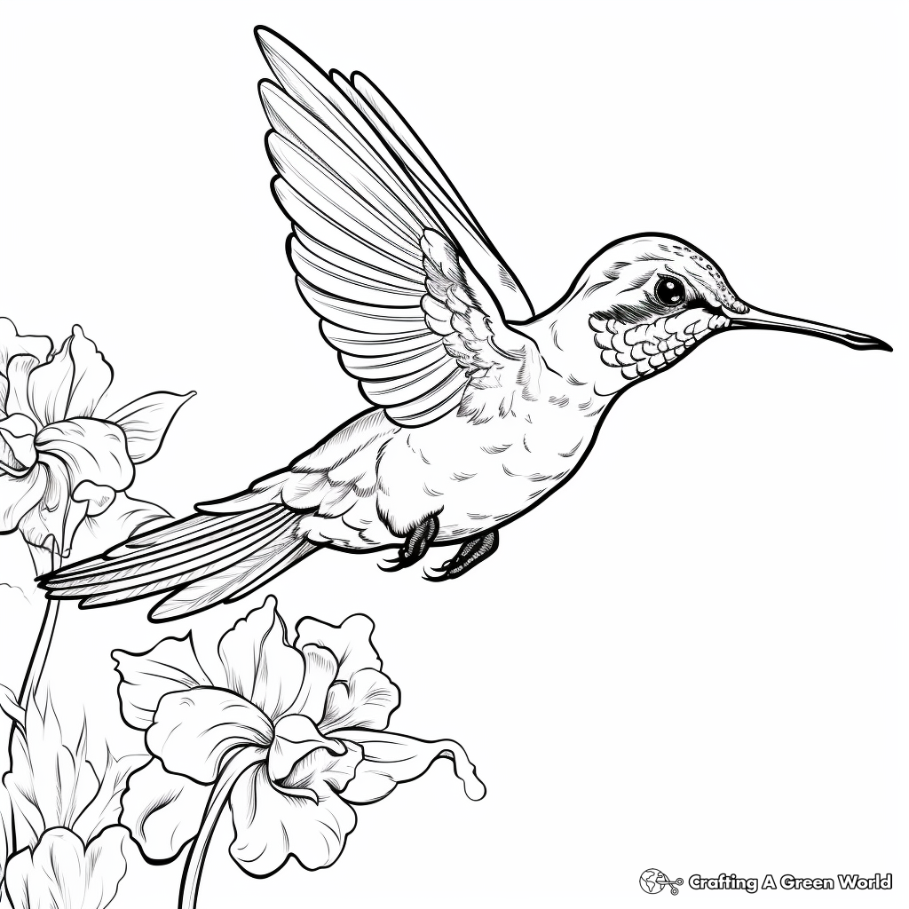 Hummingbird Sipping Nectar: Nature-Scene Coloring Pages 1