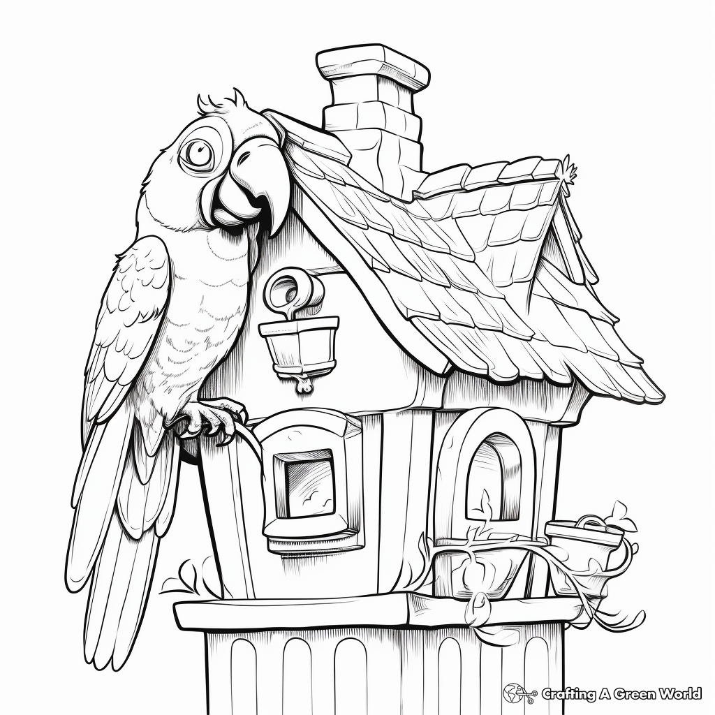 Illustrative Macaw in a Birdhouse Coloring Pages 1