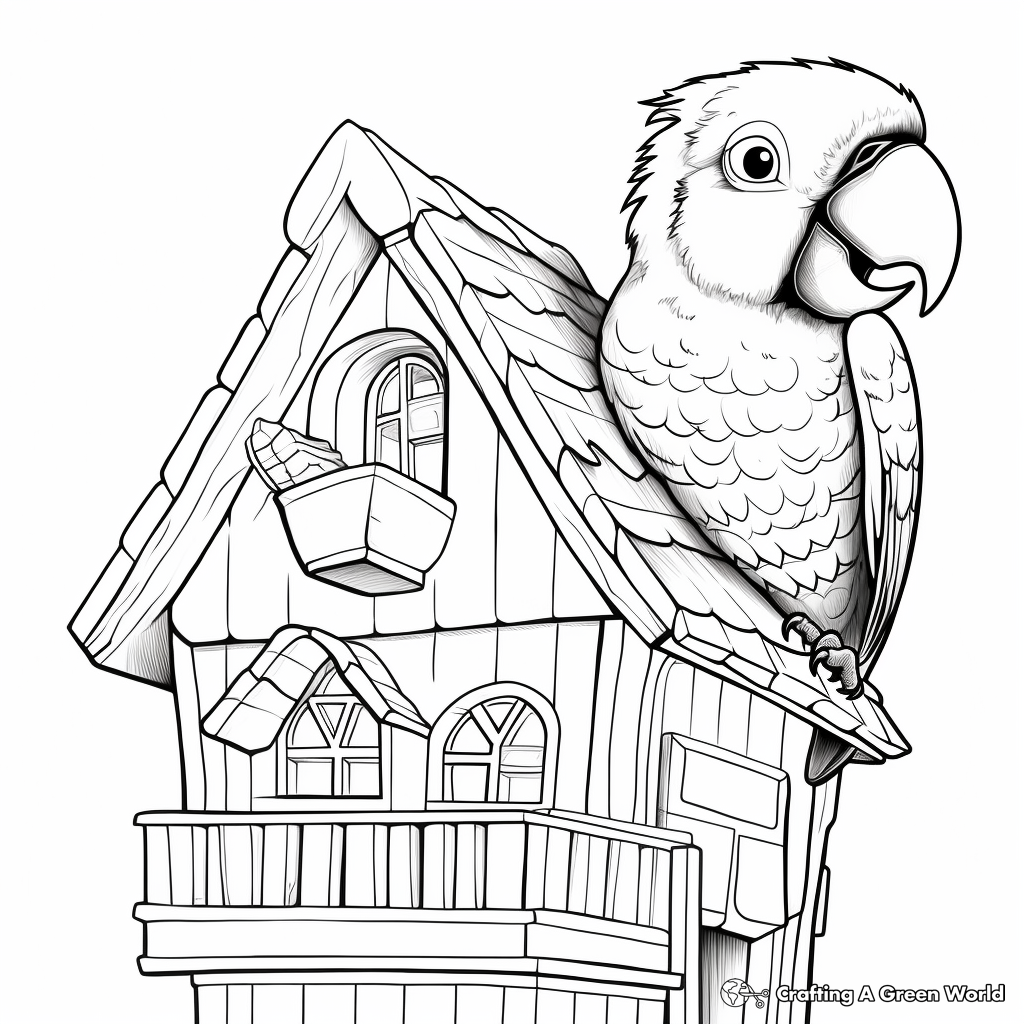 Illustrative Macaw in a Birdhouse Coloring Pages 2