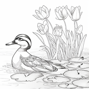 Illustrative Wood Duck and Water Lilies Coloring Page 3