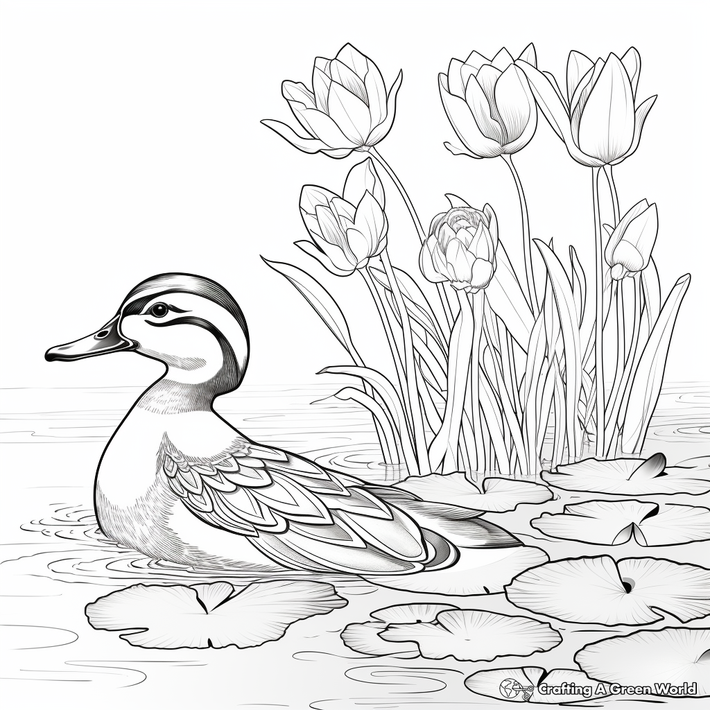 Illustrative Wood Duck and Water Lilies Coloring Page 3