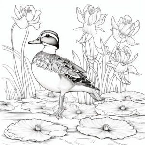 Illustrative Wood Duck and Water Lilies Coloring Page 4